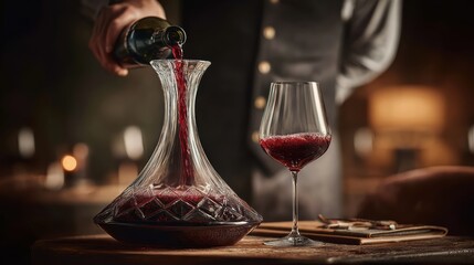 Sommelier pouring red wine from bottle in decanting process