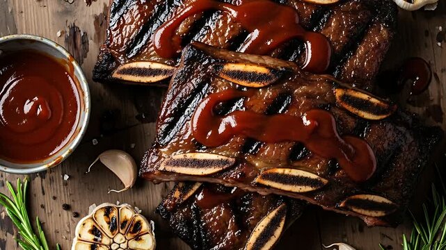 Grilled short ribs slathered in barbecue sauce served with grilled garlic and fresh rosemary arranged on a wooden table Delicious !