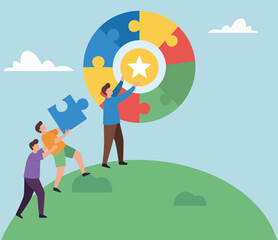 A team collaborates to solve a puzzle, building a colorful circular jigsaw together. Their teamwork and combined effort lead to achieving a common goal