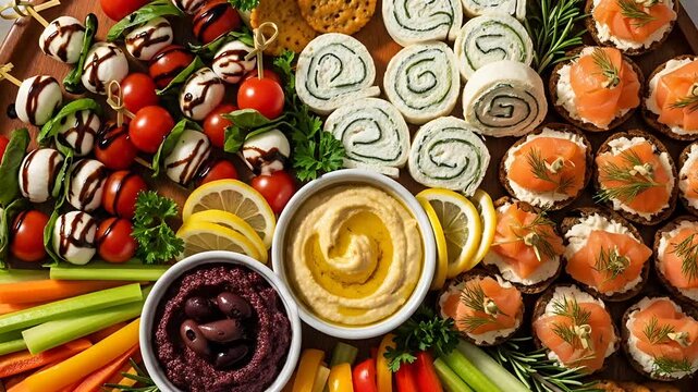 A delicious appetizer platter featuring fresh vegetables savory dips and tempting bites perfect for sharing or enjoying a variety of flavors