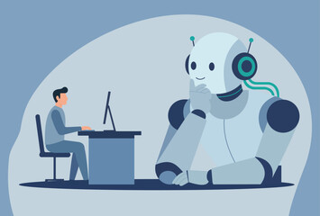 A thoughtful AI observes a person working on a computer, symbolizing the collaboration and future of human-robot interaction in technology and business