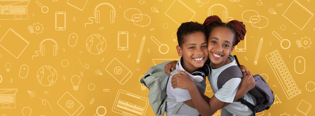 Two young children smile brightly while hugging each other. They are wearing backpacks and headphones, against a vibrant yellow background adorned with school supplies and learning icons.