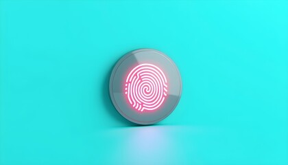 Glowing pink fingerprint icon on a grey button against a vibrant teal background, representing digital security and biometric identification.