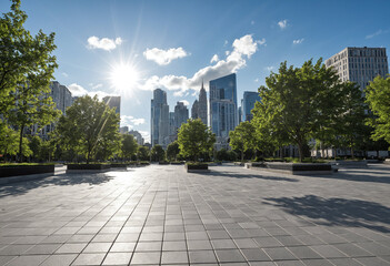 Modern city square, urban skyline, public park, architecture, downtown