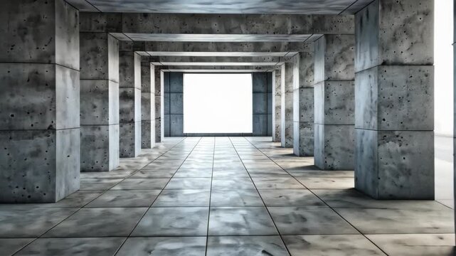 Concrete Corridor of Perspective: An expansive, minimalist concrete corridor with repeating archways leads the eye towards a bright, open doorway, conveying depth and architectural intrigue.