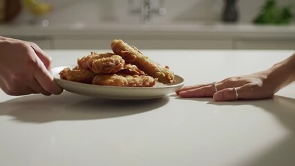 A hand with two rings rests on a clean, white countertop in a bright kitchen setting, suggesting cleanliness and quality