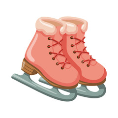 Pair of cute pink ice skates with fur trim and red laces. Hand drawn vector isolated illustration. 
