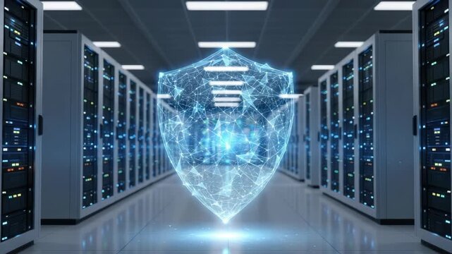 glowing blue polygonal shield symbolizing cybersecurity stands centrally in modern data center Rows of grey server racks with blinking indicator lights line the walls illustrating robust digital infra - Powered by Adobe