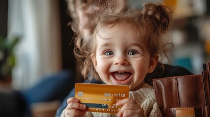 Excited toddler holding a credit card.