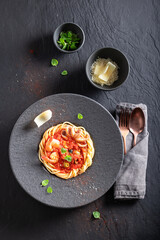 Professional spaghetti bolognese as premium food made in restaurant.