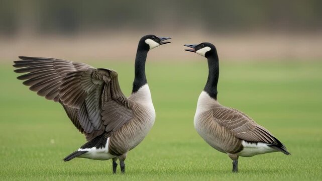 Two large waterfowl stand on lush green grass The left bird stretches its textured wing showcasing feathers while both birds vocalize with open beaks facing each other in interaction