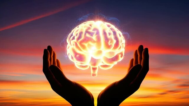 Silhouetted hands cradle radiant ethereal brain glowing with vibrant orange and yellow energy set against dynamic sunset sky in warm hues of red orange and deep purple