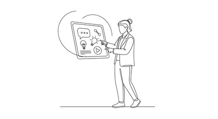 Vector woman pointing at a digital interface with icons in a continuous line drawing illustration style