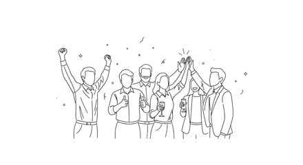 Obraz premium Vector group of people celebrating with arms raised and giving thumbs up in line drawing style