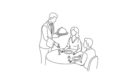 Vector waiter serving couple at table with plates and wine glasses in line art illustration style drawing