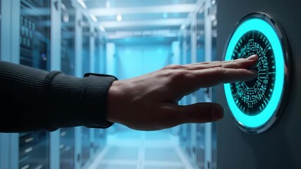 Digital access is secured as an adult hand interacts with a glowing futuristic interface, powering advanced technology within a data center's server room for seamless data management and cybersecurity - Powered by Adobe