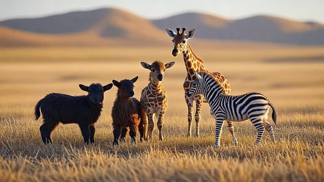 A group of young animals including giraffe zebra and lambs standing in a grassy field together