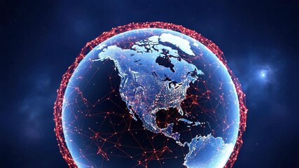 luminous blue globe featuring North America covered in bright city lights and encompassed by glowing red interconnected network against dark star-filled cosmic background with distant star - Powered by Adobe