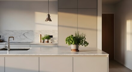 Minimal kitchen counter with green plants and clean design