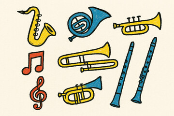 Whimsical hand-drawn music instrument icons with vibrant sketch style