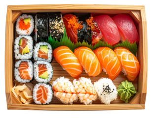 Colorful Sushi Bento Box with Assorted Rolls PNG