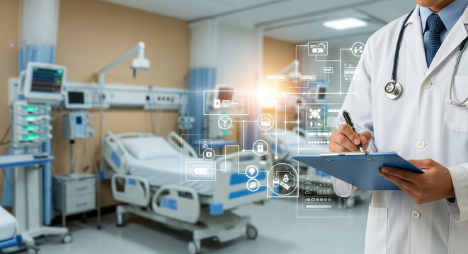Doctor in a hospital room writing on a clipboard with digital interface overlaying the scene well being
