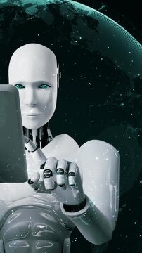 Futuristic robot artificial intelligence huminoid AI programming coding technology development and machine learning concept. Robotic bionic science research for future of human life. 3D rendering.