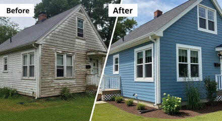 Split composition showing transformation, powder blue vinyl siding installation on cottage house, pristine white corner trim highlighting clean lines, professional contractor