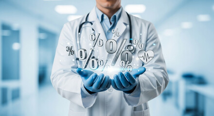 Doctor presenting floating percentage signs and a heart rate icon in a bright medical setting