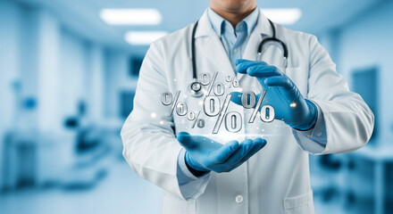 Doctor in lab coat holding percentage signs with gloved hands in a medical setting showing rates