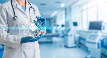 Doctor in lab coat with stethoscope holding medical icons in hospital setting with blue gloves on