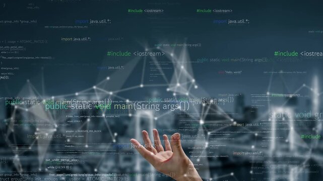A creative representation of programming and technology showcasing an abstract array of code over a modern cityscape, illustrating innovation and digital communication. Xenic