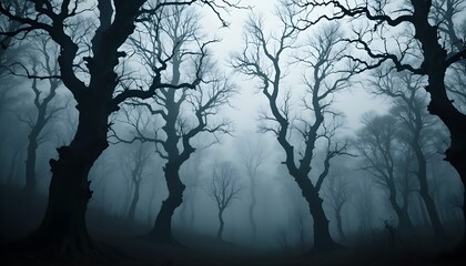 Misty forest with bare trees creating a spooky and atmospheric landscape