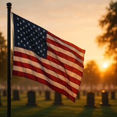 American Flag at Sunrise in Military Cemetery