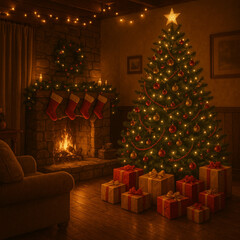 Warm Christmas Living Room with Tree and Fireplace