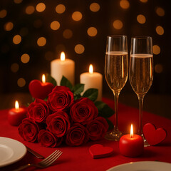 Romantic Valentine&rsquo;s Table with Red Roses and Champagne