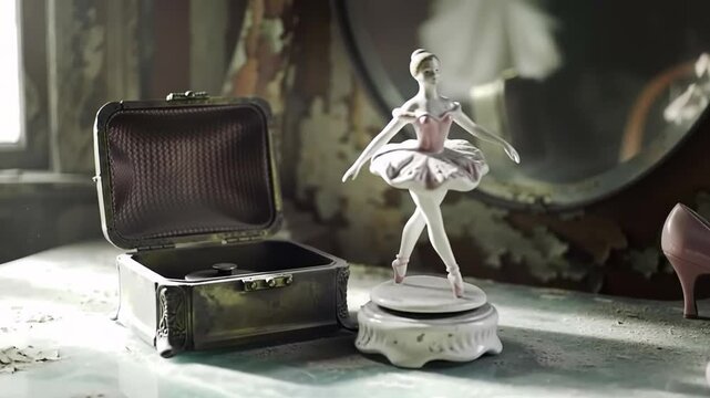 Vintage ballerina music box dancing with rustic mirror on table top, memory, nostalgia, gift, present, childhood, sad, background, beauty, remembrance, love, romance, ballet, story