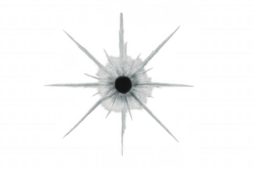 Bullet hole shattering glass, displaying radial cracks and impact point, isolated with transparent background