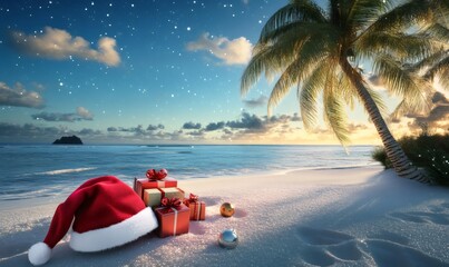 Santa hat and gift boxes resting on a sunny tropical beach during christmas