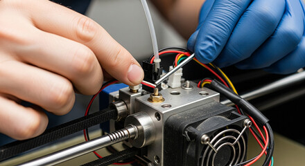 Technician Repairing 3D Printer Hotend with Precision Tools
A detailed macro shot capturing the hands of a technician performing maintenance on the extruder assembly of a 3D printer
