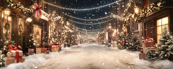 Snowy street decorated with glowing holiday lights, christmas trees, and wrapped gifts creating a festive scene