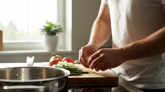 Preparing fresh vegetables on a wooden cutting board in a bright kitchen space