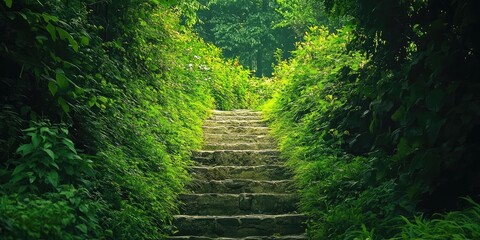 Obraz premium A path through a forest with a stone staircase