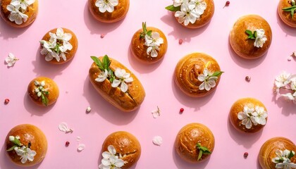 Whimsical Pattern of Buns Filled with White Spring Blossoms on Pink Background