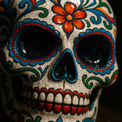 Close-Up of Colorful Sugar Skull with Ceramic Texture
