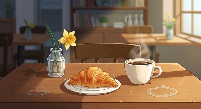 Coffee with croissant, and daffodil on a sunny cafe table, and inviting breakfast scene.