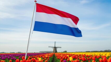 red white and blue flag waves above vast colorful tulip fields with red yellow and purple blooms A traditional windmill stands majestically in the distance under bright blue sky - Powered by Adobe