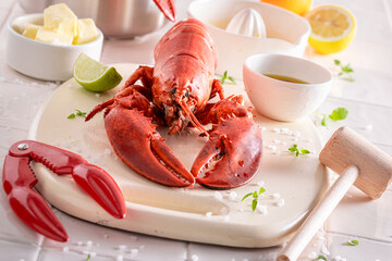 Teasty lobster as mediterranean summer meal in restaurant.