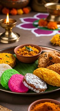 Traditional Indian sweets like colored barfi, ladoo, modak on a banana leaf during Diwali celebration, festival food video
