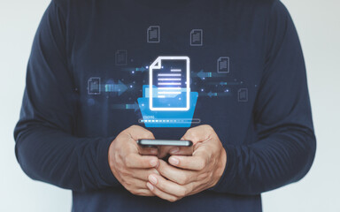 Digital file transfer concept showing a person using a smartphone with floating document icons and loading bar, representing data upload, cloud storage, secure information sharing in modern technology